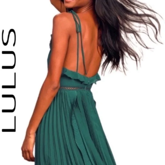 Lulus Never a Dull Moment Tie-Strap Pleated Midi Dress Emerald Green XSmall